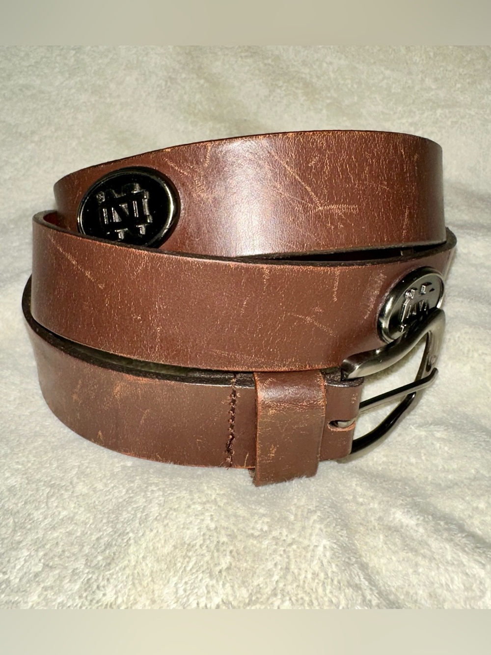 Notre Dame Fighting Irish Eagles Wings Brown Leather Medallion Belt Mens Size 44